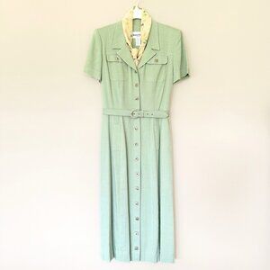 Vintage-Inspired Sage Green Button-Front Dress with Belt